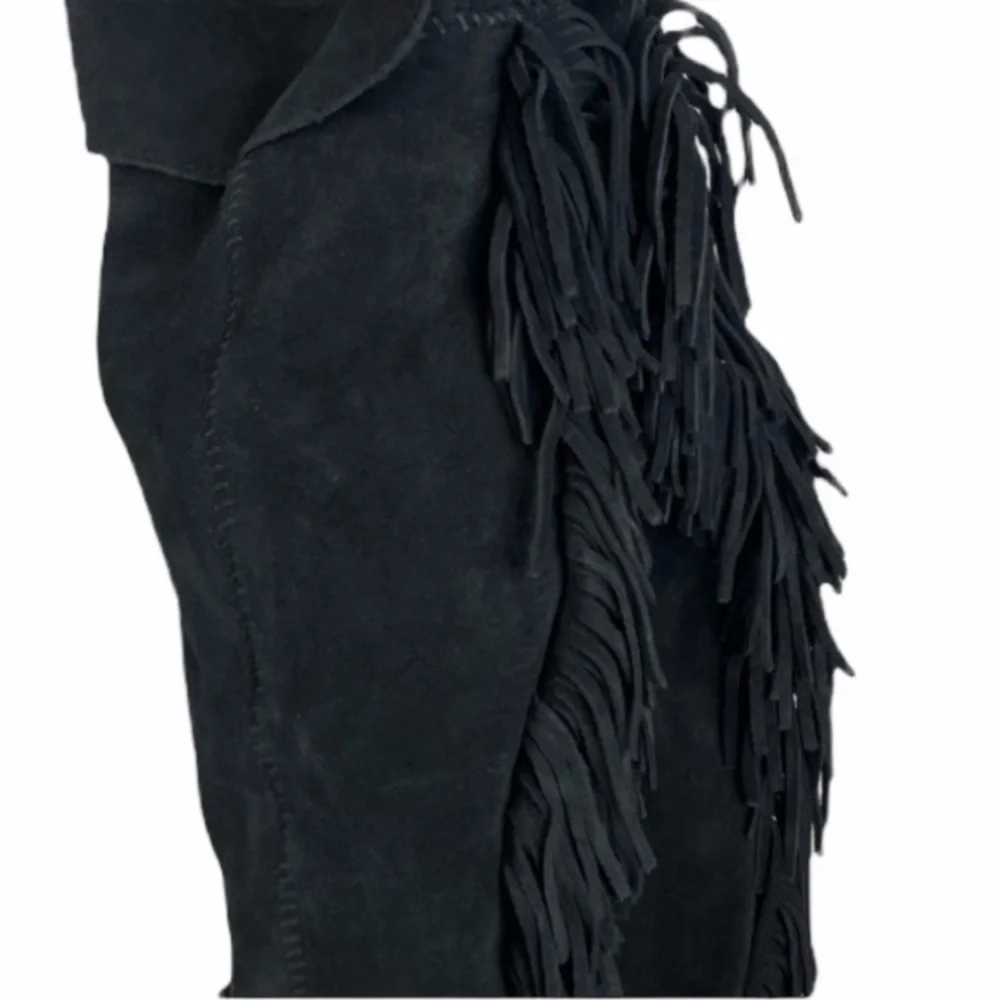 Vintage Suede Boots Black Fringe Knee High Tall Y2K Minnetonka Indian Moccasins